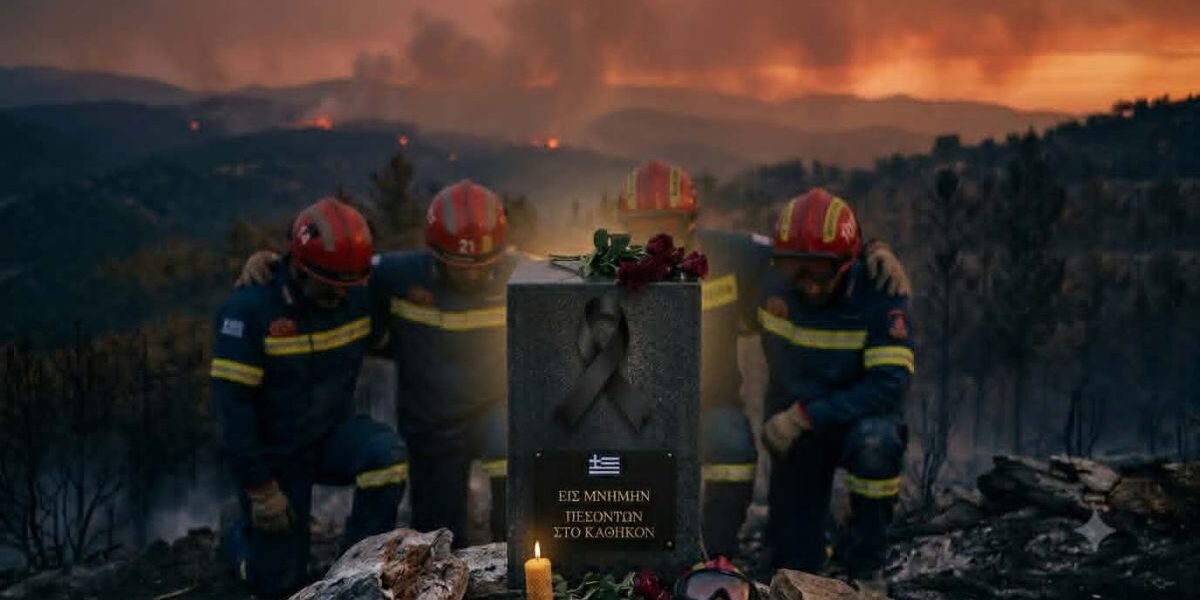 Πένθιμη εικόνα για τους τρεις ήρωες πυροσβέστες με μαύρη κορδέλα και πυροσβέστες σε καμένη έκταση.