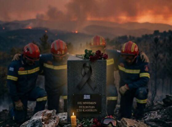 Πένθιμη εικόνα για τους τρεις ήρωες πυροσβέστες με μαύρη κορδέλα και πυροσβέστες σε καμένη έκταση.