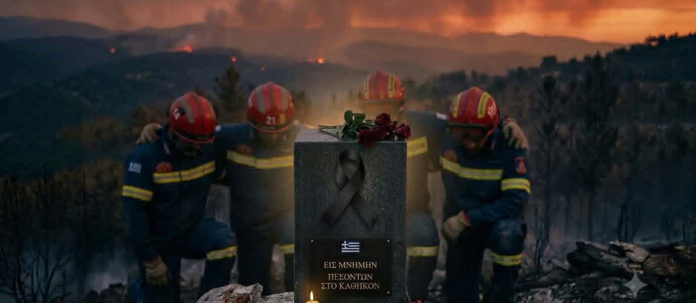 Πένθιμη εικόνα για τους τρεις ήρωες πυροσβέστες με μαύρη κορδέλα και πυροσβέστες σε καμένη έκταση.