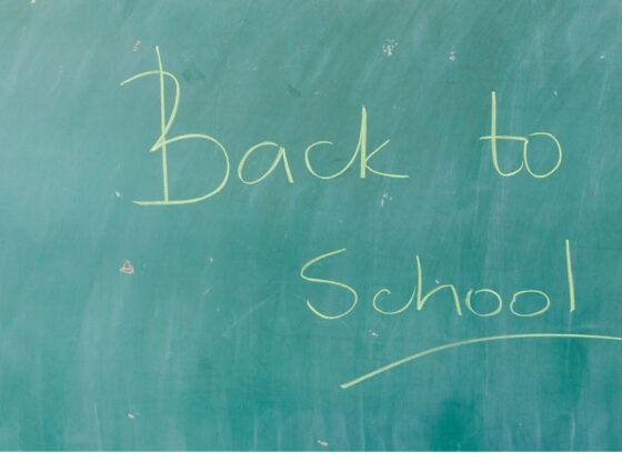 Ένας πράσινος σχολικός πίνακας με τη φράση «Back to School» γραμμένη στο κέντρο με λεπτή, λευκή κιμωλία.