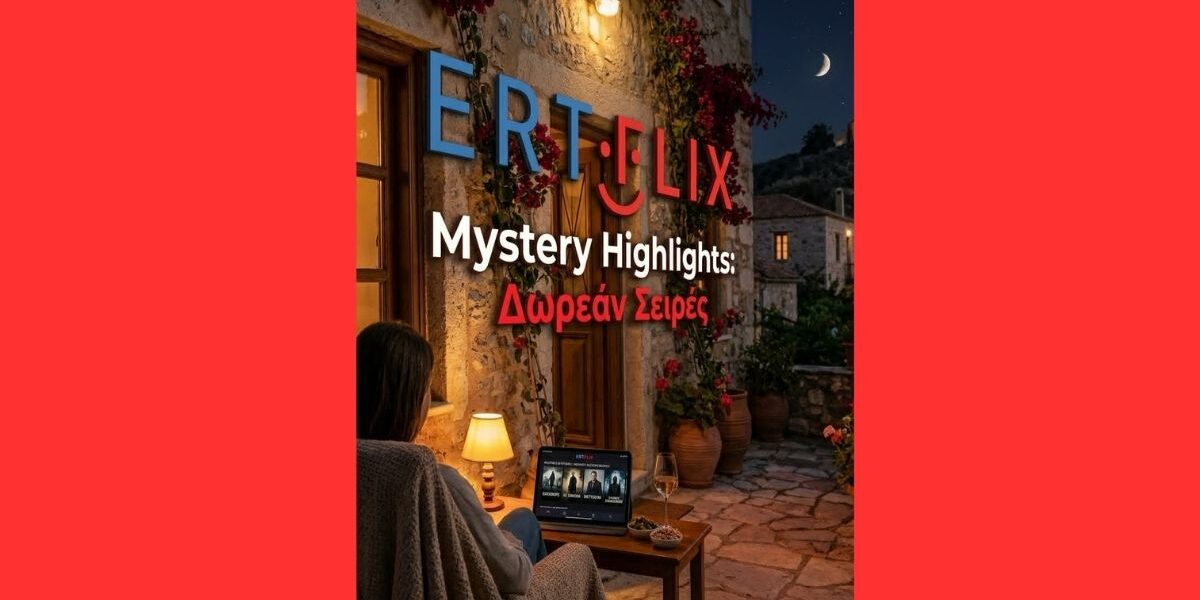 Μια γυναίκα παρακολουθεί σειρές σε tablet σε μια πέτρινη αυλή, με το λογότυπο του ERTFLIX και τον τίτλο «Mystery Highlights: 4 Δωρεάν Σειρές Μυστηρίου & Εγκλήματος».
