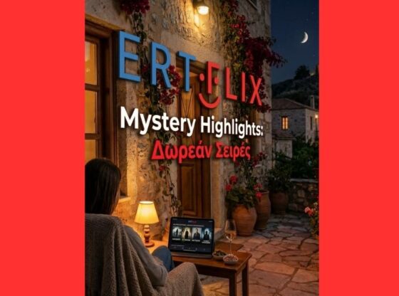 Μια γυναίκα παρακολουθεί σειρές σε tablet σε μια πέτρινη αυλή, με το λογότυπο του ERTFLIX και τον τίτλο «Mystery Highlights: 4 Δωρεάν Σειρές Μυστηρίου & Εγκλήματος».