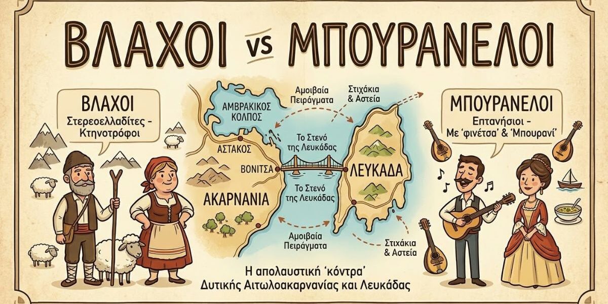 ​Γραφικό με χάρτη και εικονογράφηση για την τοπική κόντρα «Βλάχοι vs Μπουρανέλοι» μεταξύ Δυτικής Αιτωλοακαρνανίας και Λευκάδας.
