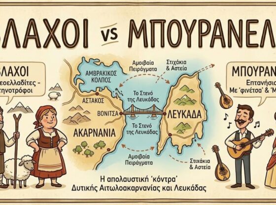 ​Γραφικό με χάρτη και εικονογράφηση για την τοπική κόντρα «Βλάχοι vs Μπουρανέλοι» μεταξύ Δυτικής Αιτωλοακαρνανίας και Λευκάδας.